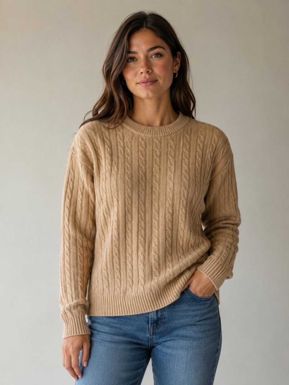 Hippie Rose Beige Cable-Knit Crewneck Tunic Sweater size Medium